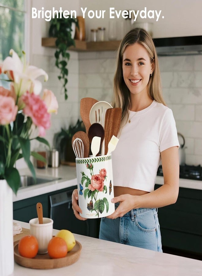 ACMLIFE Extra Large Cooking Utensil Holder, 7.3" Kitchen Utensil Holder for Countertop, Utensil Crock for Farmhouse Kitchen Decor, Ceramic Stable Utensil Caddy, Floral (Rose) - Image 5